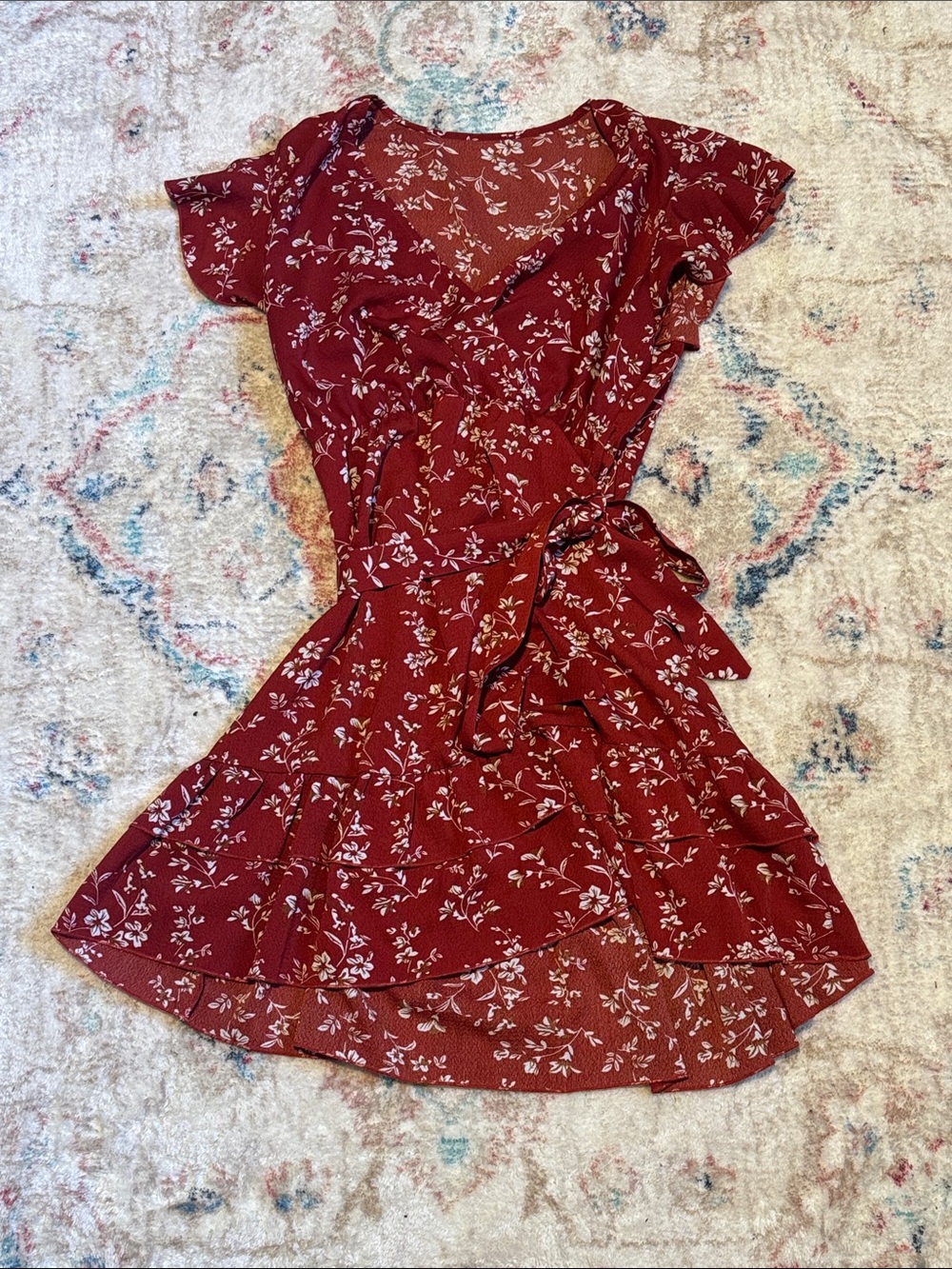 Women's Red Floral Tie-Waist Dress